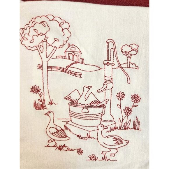 Duck Farm Country Outhouse Kitchen Cotton Tea Towels With Red Embroidery Design - Picture 9 of 9